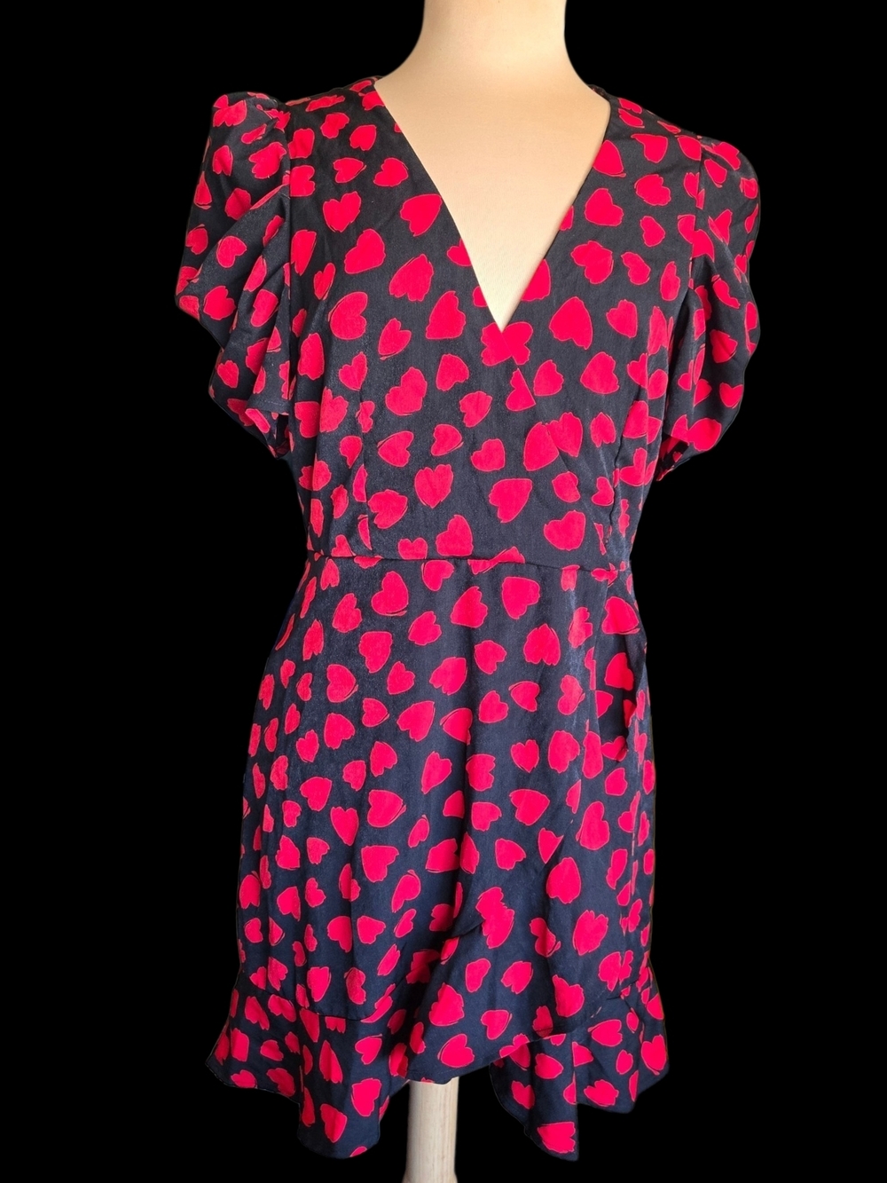 Fashion Nova Black Dress with Red Heart Print - V-Neck Feminine Silhouette Sz Xl